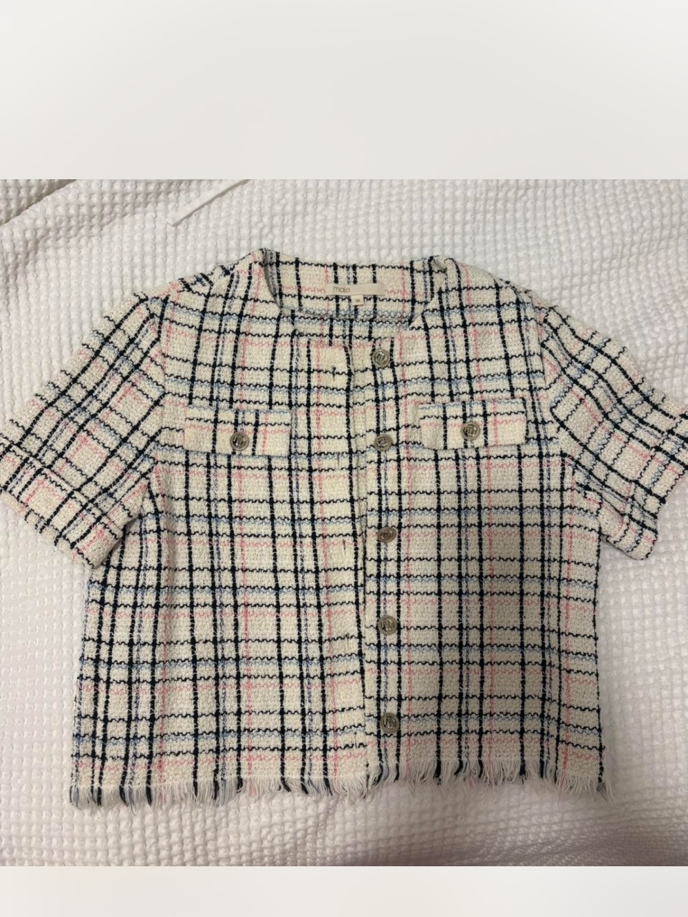 Maje Plaid Tweed Short Sleeve Blazer with Fringe Hem